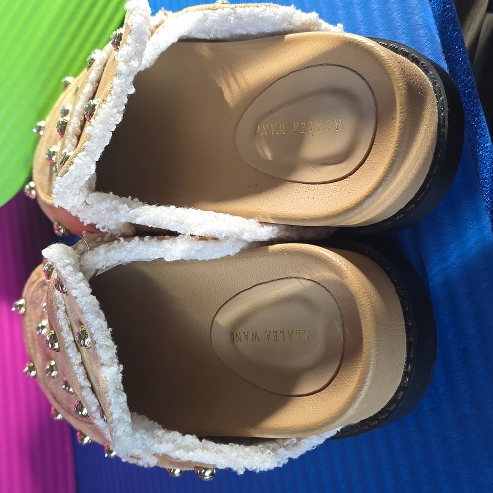 Studded Suede Shearling-Trim Mule Clogs worn once around the house - Picture 7 of 15